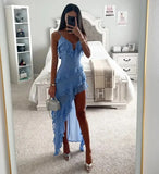 PICSGIRL  -  Holiday Maxi Midi Ruffles Beach Dress 2024 New Fashion Solid Color A-line Midi Dress Summer Sexy Strap Irregular Dress