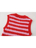 PICSGIRL  -  Summer Casual Striped Print Sleeveless Knitted Elastic Tops Womens O-Neck 2024 Casual Red Slim Pullover Vest