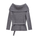 PICSGIRL  -  High Street Women Sexy Off Shoulder Knit Sweater Long Sleeve With Belt Slim Gray Pullover Female Autumn Winter Knitwear