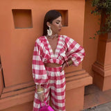 PICSGIRL -  Women Plaid Print Contrast Pants 2 Piece Set Casual Deep V Neck Long Sleeve Crop Tops and High Waist Straight Trouser Suit