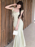 PICSGIRL  -  Summer Women's Solid Mermaid Dress Sexy Bodycon Spaghetti Strap Midi Maxi Dresses Lady Elegant Stain Party Square Neck New Robe