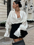 PICSGIRL  -  Autumn See-Through Casual Shirts Top For Women Loose Slim Long Sleeve Lapel Cardigan Streetwear Women's Pleated Shirts Top