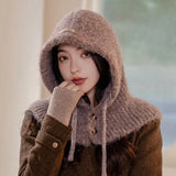 PICSGIRL  -  Winter Balaclava Hat Warm Knitted Women's Hood Hat Caps Cap Outdoor Pullover Color One-piece Solid Neck Cashmere Pullover Hat