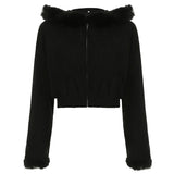 PICSGIRL  -  Y2K Corduroy Jacket Korean Fashion Women Furry Trim Hoodies 2000s Black Zipepr Coat Autumn Street Harajuku Outwear