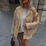 PICSGIRL  -  Vintage Tassels Women's Jacket New Casual Solid Color Women's Coat V-neck Single Breasted Long Sleeve Jackets Female Fashion