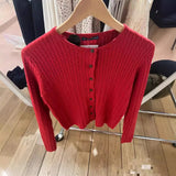 PICSGIRL  -  Red Twisted Slim Cropped Cardigan Women Chic Crew Neck Long Sleeve Sweater Streetwear Fashion Single Breasted Knit Outerwear New