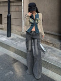 PICSGIRL  -  Fashion Streetwear Side Pockets Cargo Denim Pants Swxy Low Waist Punk Harajuku Women Trousers Y2k Aesthetic Flare Long Bottoms