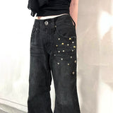 PICSGIRL  -  Grunge Aesthetic Flare Jeans Rivet Detail Y2K Fashion Retro Loose Fit Denim Pants High Street Punk Trousers Spring