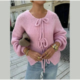 PICSGIRL  -  Fashion Lace Up Bow Knitted Cardigan Woman O Neck Long Sleeve Hollow Out Sweater Coat Autumn Female Casual High Street Knitwear