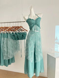 PICSGIRL  -  Vacation Style Women's Summer Mint Green Halter Neck Strap Top High-waisted Wide-leg Pants Two-piece Set Fashion Female Clothes