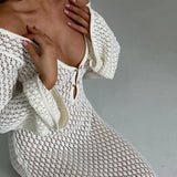 PICSGIRL -  Hollow Out Knitted Sexy Backless V Neck Maxi Dresses Elegant Summer Holiday Outfits for Women Chic Sweater Vestido White Dress