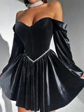 PICSGIRL  -  party look snspos Sexy Velvet Strapless Short Party Dress Women Off Shoulder Long Sleeve Bandage Dresses Autumn Lady Christmas Evening Robes