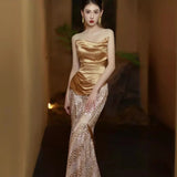 PICSGIRL - Strapless Evening Dress 2024 New Elegant Mermaid Dress For Banquet Shiny Sequined Simple Sexy Party Prom Dress Vestido