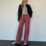 PICSGIRL  -  Women's Y2K Vintage Plaid/Striped Long Pants Casual Elastic Drawstring Low Waist Wide Leg Retro Trousers with Pockets