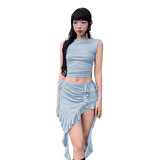 PICSGIRL  -  Instagram Summer 2024 New Open Navel Top Fashion Style Sparkling Material Sleeveless Ruffle Edge Half Skirt Set