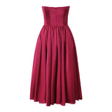 PICSGIRL  -  Sexy Elegant Women Wine Red Strapless Dress Fit And Flare Evening Party Dresses Christmas  Robe