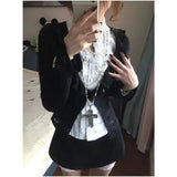 PICSGIRL  -  French Sweet Cool Harajuku Popular 3 Piece Sets Y2k Exquisite Draped White Blouse Black Cardigan Japan Punk Streetwear Skirts