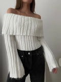 Picsgirl -  Rib Knit Off Shoulder Pullover For Women Fashion Long Sleeved White Warm Knitwear Sweater Autumn Chic Female Street Jumper