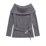 PICSGIRL  -  High Street Women Sexy Off Shoulder Knit Sweater Long Sleeve With Belt Slim Gray Pullover Female Autumn Winter Knitwear