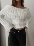 Picsgirl -  Rib Knit Off Shoulder Pullover For Women Fashion Long Sleeved White Warm Knitwear Sweater Autumn Chic Female Street Jumper