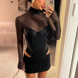 PICSGIRL  -  Sexy Women Mesh Turtleneck Mini Dress Fashion Patchwork Long Sleeve Satin Cut Out Dress Bodycon Short Club Party Dresses