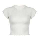 PICSGIRL  -  2024 Texture Y2k Aesthetic Vintage White Ruffled T-Shirts Streetwear Slim Fit Bow Tshirts Harajuku Summer Bottoming Crop Tops