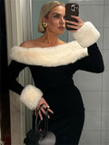 PICSGIRL  -  Fluffy Winter Slim Maxi Dress Female High Waist Long Sleeve Sexy Off-Shoulder Patchwork Bodycon Dress Ladies Party Dress