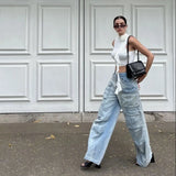 PICSGIRL -  Women Spring Fall Muti Pocket Cargo Wide Leg Denim Jeans Pants Trousers