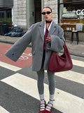 PICSGIRL  -  Fashion Gray Lapel Blazer Coat Women's Oversized Long Sleeves Pocket Loose Suit Jacket New Casual Office Lady Wool Outerwear