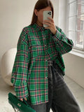 PICSGIRL -  Vintage Plaid Blouses Womans Loose Long Sleeve Shirt Autumn Winter Casual Single Breasted Shirt with Pockets Female Tops