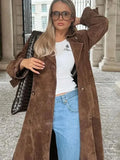 PICSGIRL  -  Female Retro Jacket Elegant Brown Belted Waist Long Coat Double Breasted High Street Autumn Fashion Full Sleeve Outwear