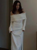 PICSGIRL  -  White Autumn Knit Sweater Long Dress Women Ribbed High Waist Fashion Off-Shoulder Loose Party Dress Female Knitwear Dress