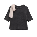 PICSGIRL  -  casual winter outfits Bow Patchwork Knitted Pullover Women Half Sleeve O-neck Female Sweater 2024 Autumn Winter Fashion Elegant Black Lady Knitwear