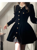 PICSGIRL  -   party look snspos Autumn Black Velvet Dresses for Women Long Sleeve Single Breasted Evening Party Dress Korean Fashion A-line Vestido Mujer New