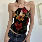 PICSGIRL  -  American Retro Plant Flower Print Hanging Neck Hollow Small Tank Top for Women's 2024 Summer Spicy Girl Foreign Trade New Top