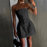 PICSGIRL -  Women Solid Strapless Mini Prom Dress Elegant Breasted Corset A-Line Wedding Party Tube Dresses Streetwear