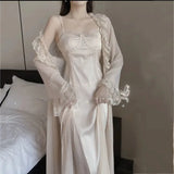 PICSGIRL  -  layered look inspo Female Long 2PCS Nighty&Robe Sleepwear Set Sexy Long Lace Trim Bathrobe Gown Suspender Nightdress Summer Loose Satin Home Wear