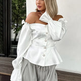 PICSGIRL  -  Elegant Women Shirt 2024 Autumn Winter Satin shirt White Ruffle Hem Buttoned Off Shoulder Strap Long Sleeve Slim Fit Blouse