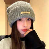 PICSGIRL  -  Knitted Heap Heap Beanie Hat for Women Solid Leather Label Pullover Cap Winter Thickened Warm Woolen Hats Outdoor Cycling Bonnet