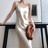 PICSGIRL  -  White Satin Party Dress Sexy Sleeveless Women Casual Holiday Solid Elegant Chic Dress Club Outfit Summer Long Dresses