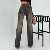 PICSGIRL  -  2024 Women Casual Pocket Straight Pants Elegant Leopard Printed Button Long Pants Fashion High Waist Commuting Straight Trousers