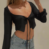 PICSGIRL  -  Women Sexy Solid Sheer Mesh Crop Tops See Through Aesthetic Square Neck Long Sleeve Lace Up Shirts Cardigans Casual Cover Ups