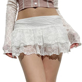 PICSGIRL  -  layered look inspo Elegant White Mini Skirt for Women High Waist Ruffle Lace Patchwork Fairycore Perfect for Parties and Nightclubs