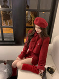 PICSGIRL  -  New Year's Robe Red Skirt Set Autumn/Winter Christmas Dress Up High End Sweet Short Coat Mini Skirt Two Piece Set Women Outfits