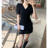 PICSGIRL  -  French Kikyu Solid V-Neck Ruffle Edge Dress 2024 Summer New Sweet Short Sleeve Short Skirt Short Style