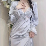 PICSGIRL  -  Silk Robes for Women Summer Satin Bathrobe Set Long Sleeve Ladies Sexy Dressing Gown Lace Patchwork Nightgown for Female