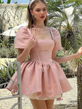 PICSGIRL  -  Y2K Pink Satin Princess Short Dresses for Women Puff Sleeve Square Collar Ruffles A-line Evening Party Dress Kawaii Mini Vestido