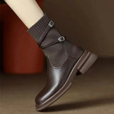 PICSGIRL  -  Knitted Elastic Socks Boots Women 2024 Winter Warm Chunky Heel Platform Ankle Boots Leather Pu Belt Buckle Design Botas Mujer