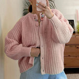 PICSGIRL  -  Women Chunky Knit Cardigan Y2k Long Latern Sleeve Crew Neck Button Up Open Front Cable Knitted Crop Sweater Jackets