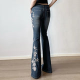 PICSGIRL  -   Y2K Rose Embroidered Trumpet Jeans Women Fashion Aesthetic Slim Flare Pants Vintage Blue 2000s Denim Trousers Spring